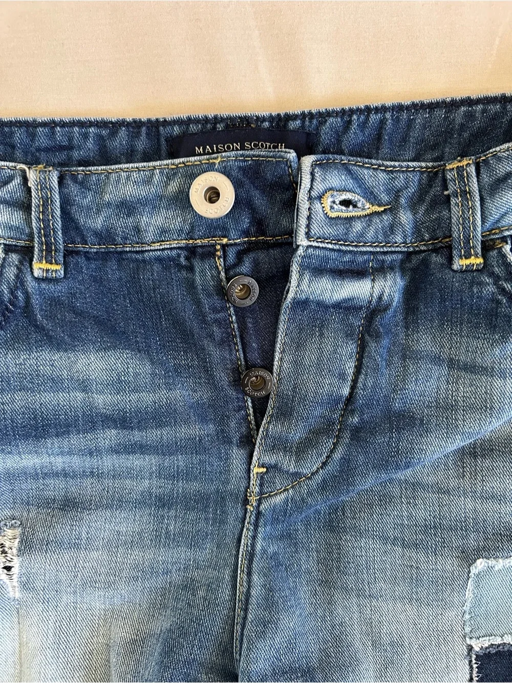 Vintage Scotch & Soda Women's Blue Distressed Patch Denim Shorts Size 25